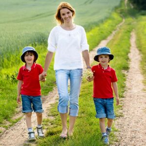 Mom and Kids Walking Outdoors